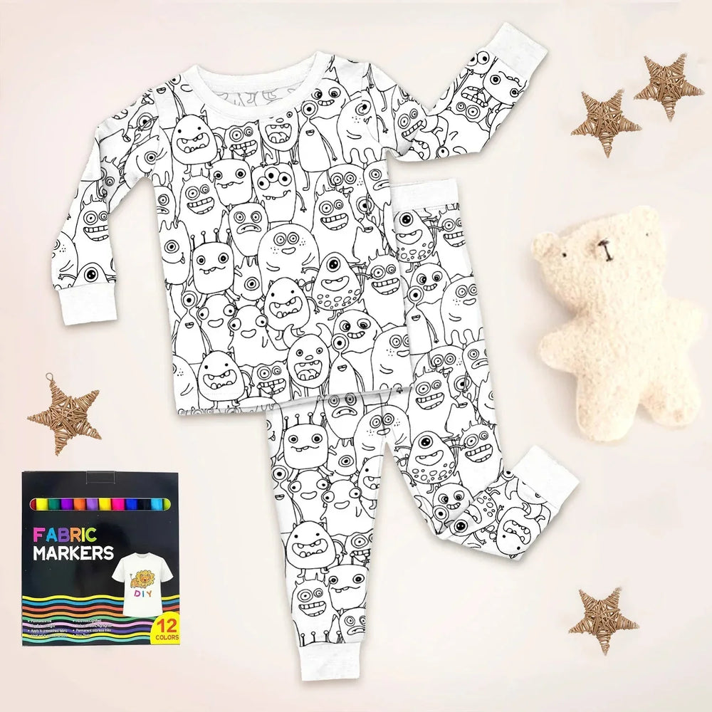 Monstrously Fun Colorable Halloween Two Piece Long Sleeve Pajama Set , Monstrously Fun Colorable Halloween Two Piece Long Sleeve Pajama Set - 3T