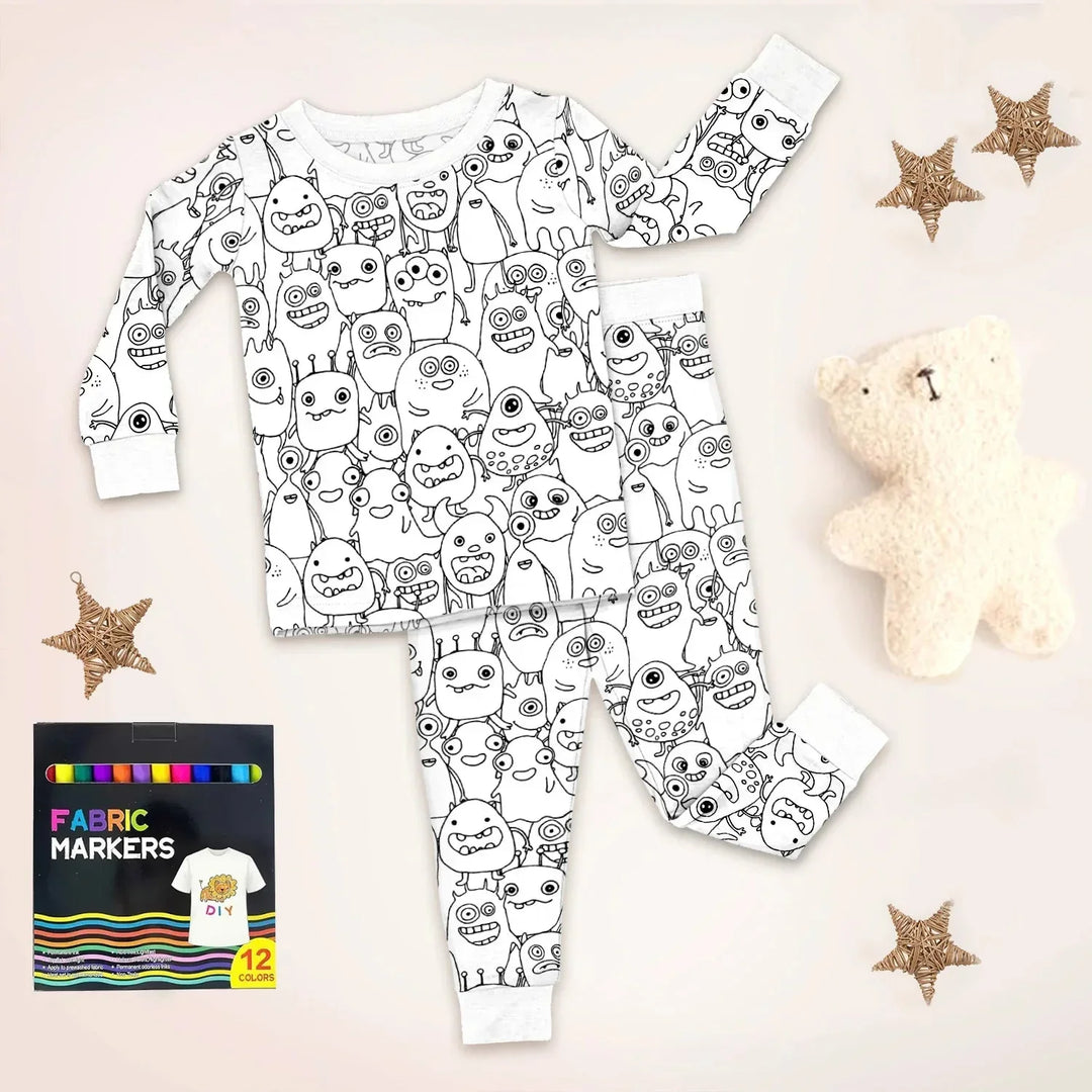Monstrously Fun Colorable Halloween Two Piece Long Sleeve Pajama Set , Monstrously Fun Colorable Halloween Two Piece Long Sleeve Pajama Set - 3T