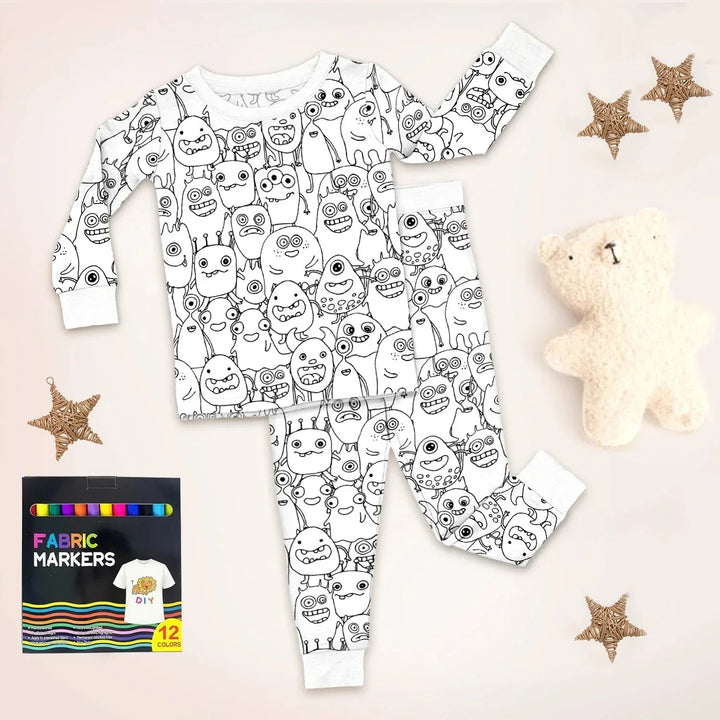 Monstrously Fun Colorable Halloween Two Piece Long Sleeve Pajama Set , Monstrously Fun Colorable Halloween Two Piece Long Sleeve Pajama Set - 3T