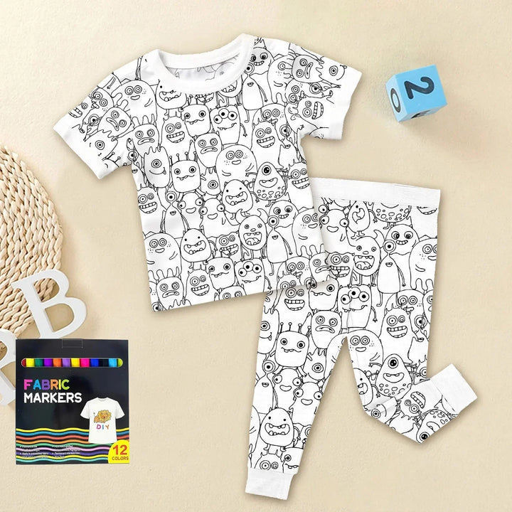 Monstrously Fun Colorable Halloween Two Piece Short Sleeve Pajama Set , Monstrously Fun Colorable Halloween Two Piece Short Sleeve Pajama Set - 3T