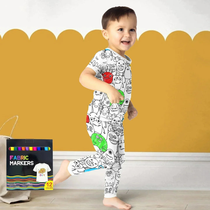 Monstrously Fun Colorable Halloween Two Piece Short Sleeve Pajama Set , Monstrously Fun Colorable Halloween Two Piece Short Sleeve Pajama Set - 3T