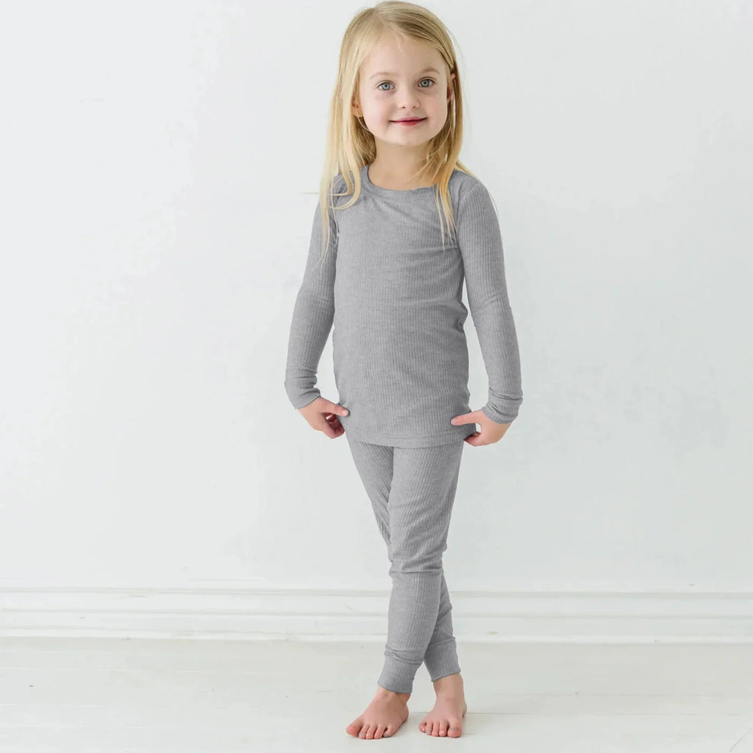 Moon Grey Ribbed Two Piece Long Sleeve Pajama Set , Moon Grey Ribbed Two Piece Long Sleeve Pajama Set - 12-18M