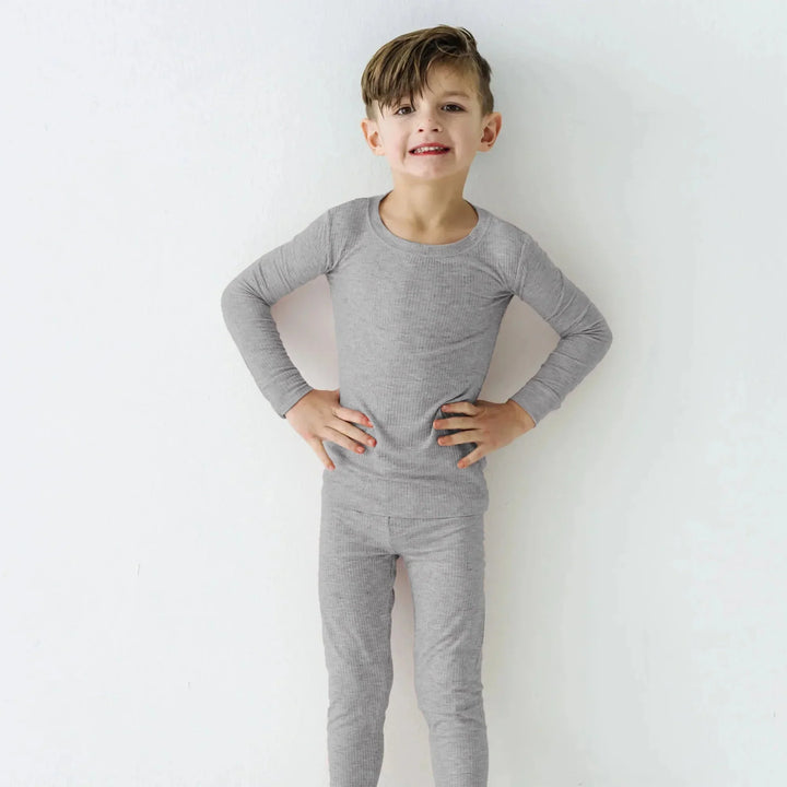 Moon Grey Ribbed Two Piece Long Sleeve Pajama Set , Moon Grey Ribbed Two Piece Long Sleeve Pajama Set - 12-18M