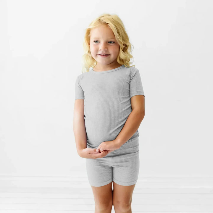 Moon Grey Ribbed Two Piece Short Sleeve Shorts Pajama Set , Moon Grey Ribbed Two Piece Short Sleeve Shorts Pajama Set - 12-18M