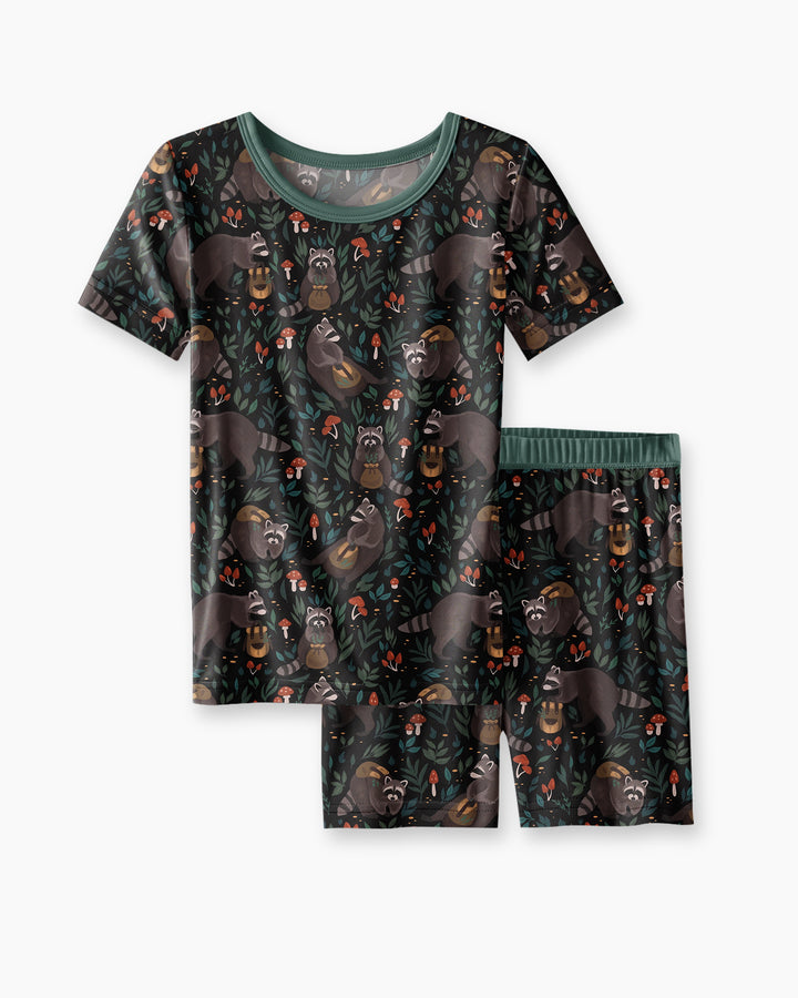 Raccoon And Whimsical Mushroom Bamboo Two Piece Short Sleeve Shorts Pajama Set