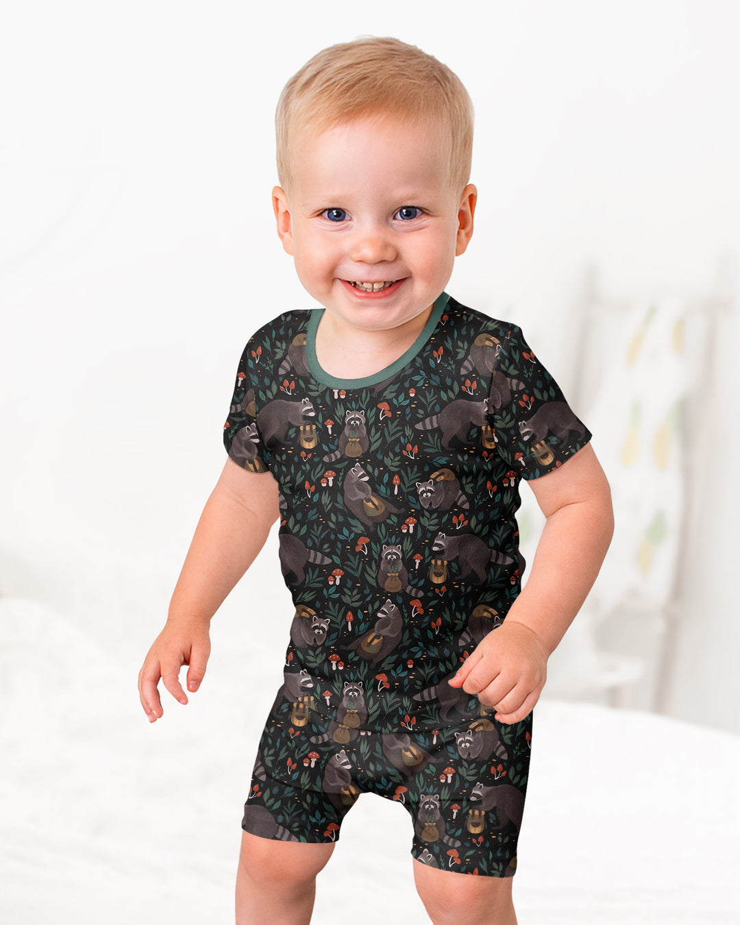 Raccoon And Whimsical Mushroom Bamboo Two Piece Short Sleeve Shorts Pajama Set