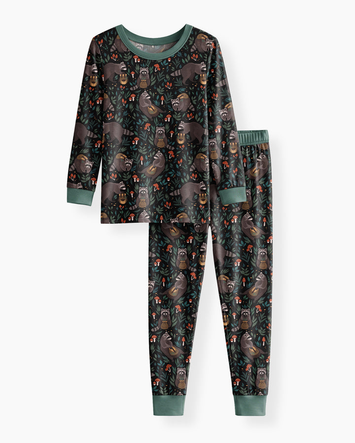 Raccoon And Whimsical Mushroom Bamboo Two Piece Long Sleeve Pajama Set