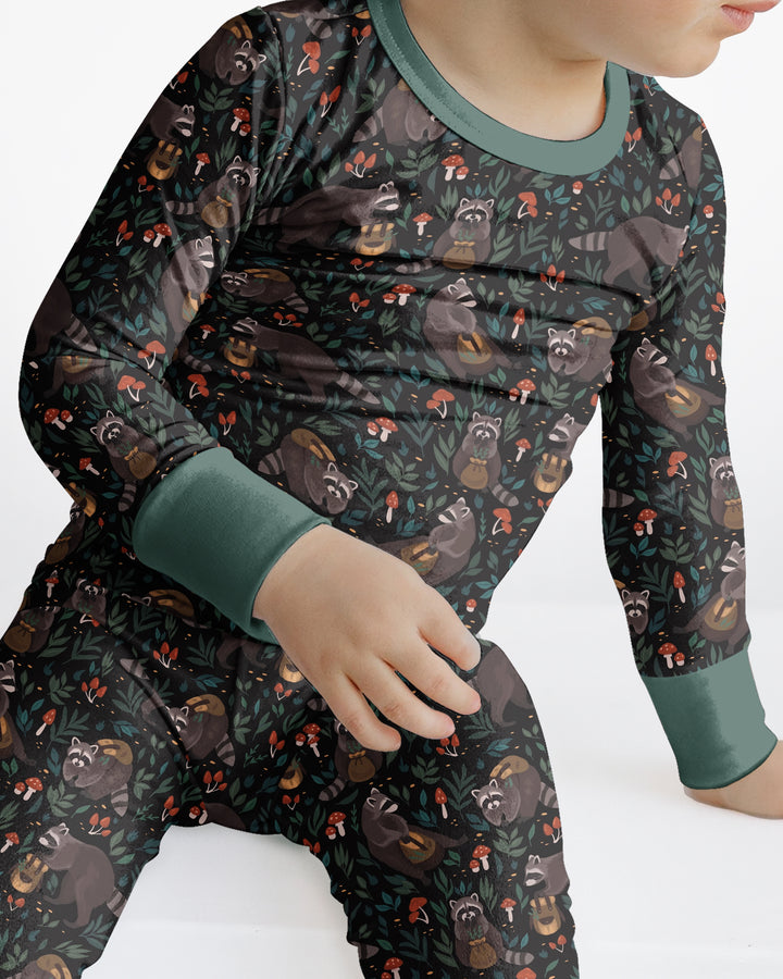 Raccoon And Whimsical Mushroom Bamboo Two Piece Long Sleeve Pajama Set