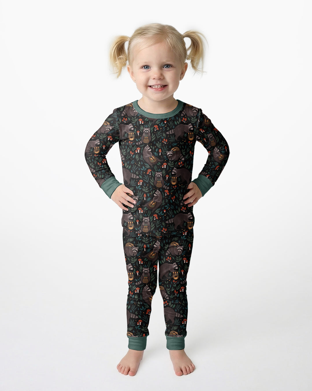 Raccoon And Whimsical Mushroom Bamboo Two Piece Long Sleeve Pajama Set