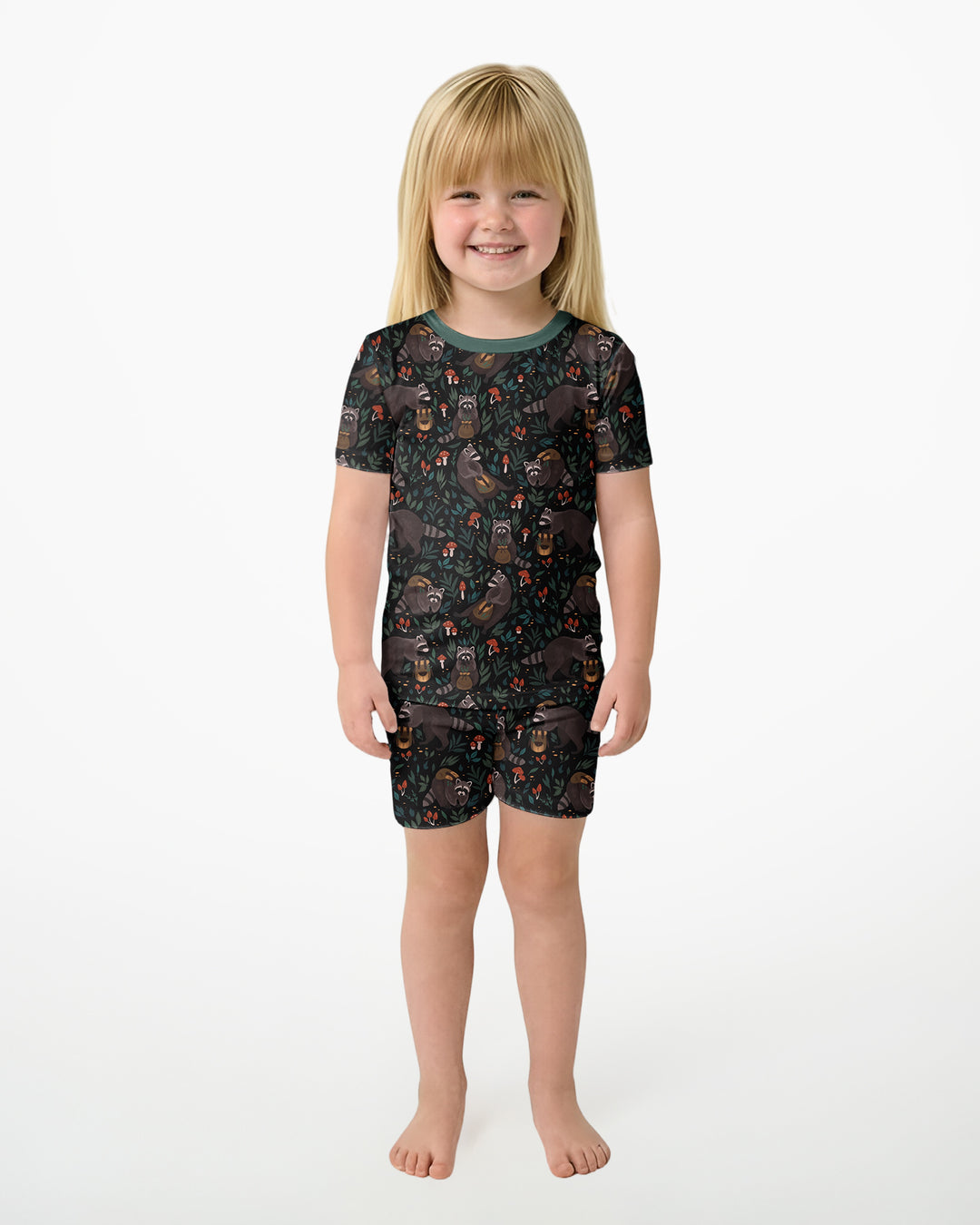 Raccoon And Whimsical Mushroom Bamboo Two Piece Short Sleeve Shorts Pajama Set