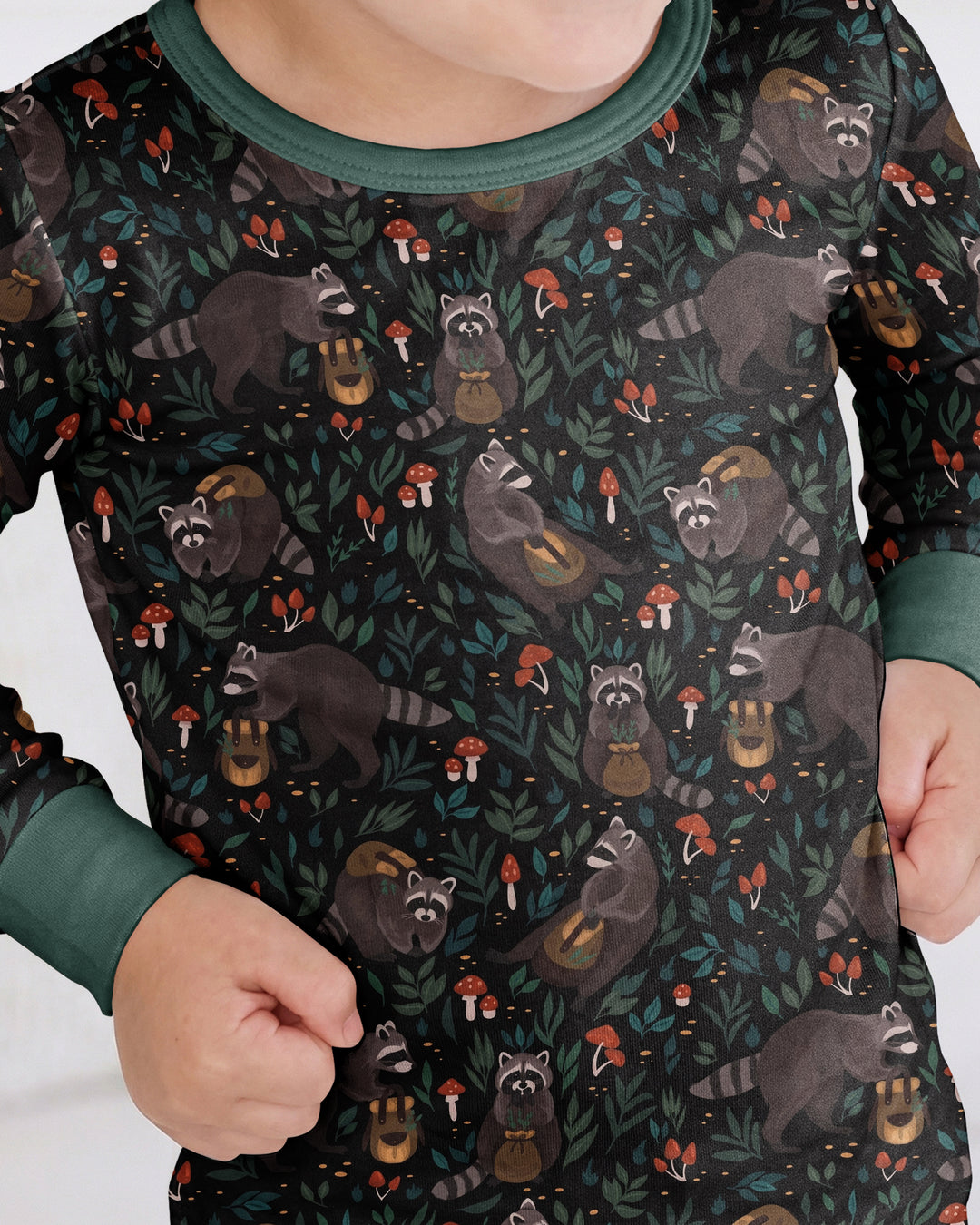 Raccoon And Whimsical Mushroom Bamboo Two Piece Long Sleeve Pajama Set