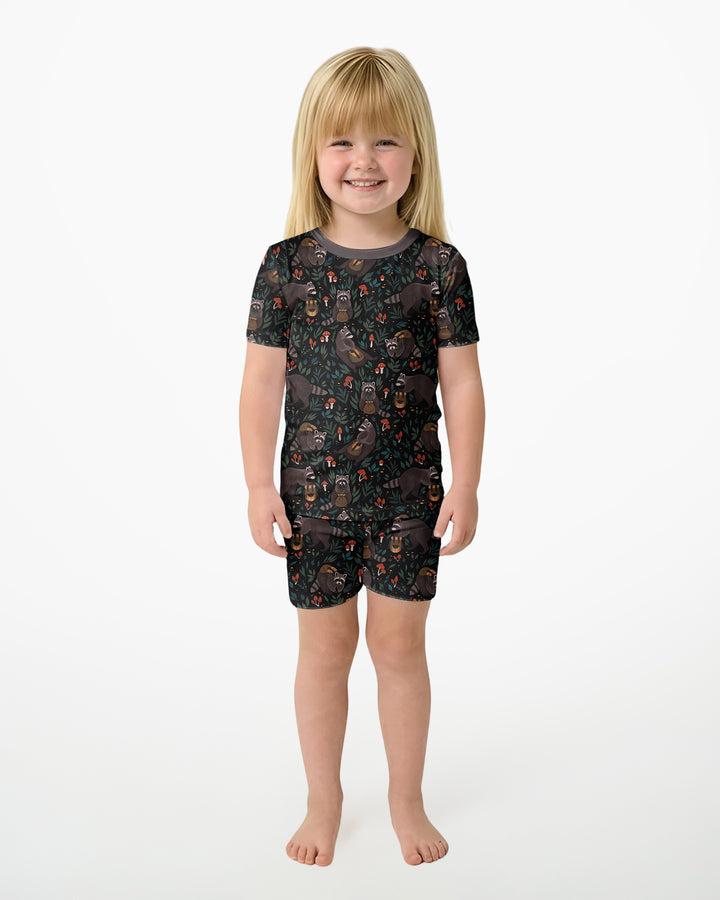 Raccoon And Whimsical Mushroom Bamboo Two Piece Short Sleeve Shorts Pajama Set
