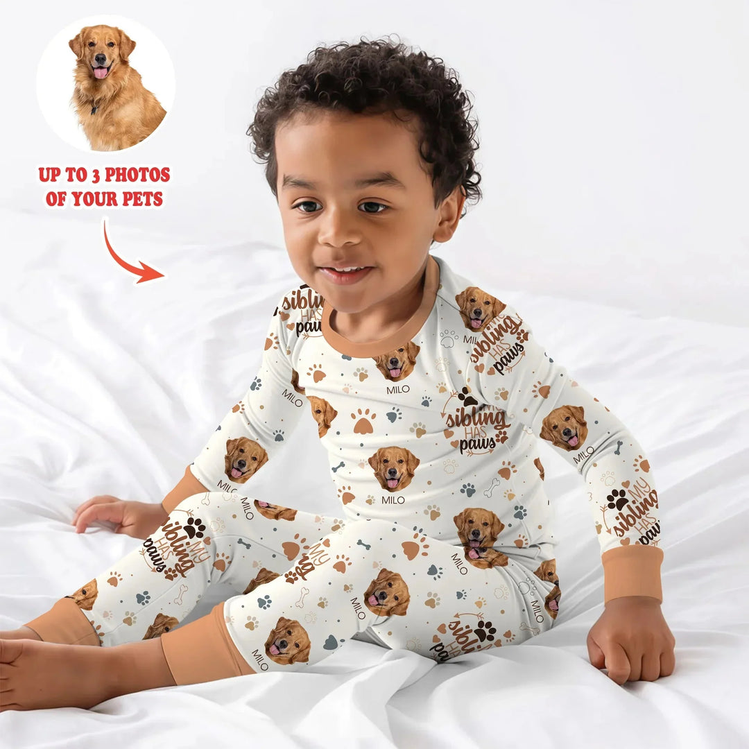 My Siblings Have Paws Upload Photo Two Piece Long Sleeve Pajama Set , My Siblings Have Paws Upload Photo Two Piece Long Sleeve Pajama Set - 12-18M