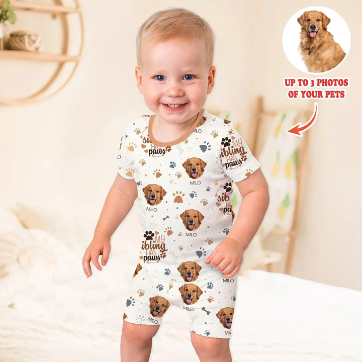 My Siblings Have Paws Upload Photo Two Piece Short Sleeve Shorts Pajama Set , My Siblings Have Paws Upload Photo Two Piece Short Sleeve Shorts Pajama Set - 12-18M