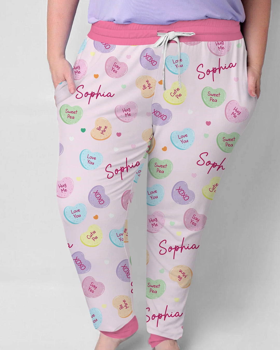 Personalisierter Name Bunte Zuckerherzen Familien-Pyjama-Set für Damen aus Bambus