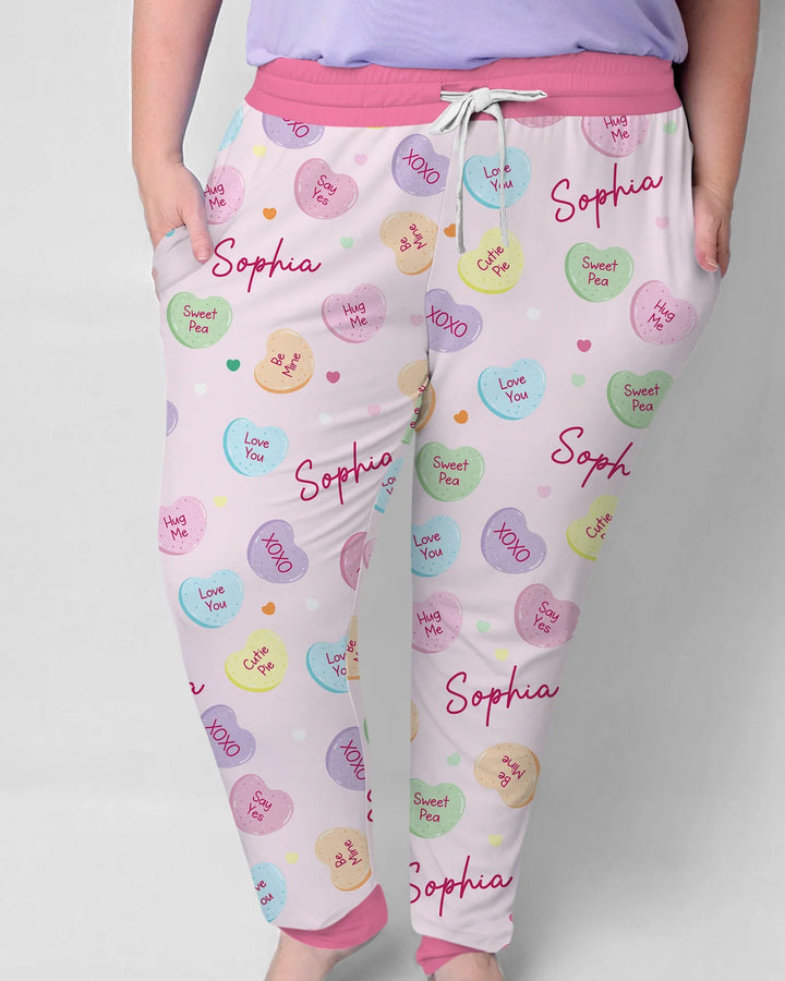 Personalisierter Name Bunte Zuckerherzen Familien-Pyjama-Set für Damen aus Bambus