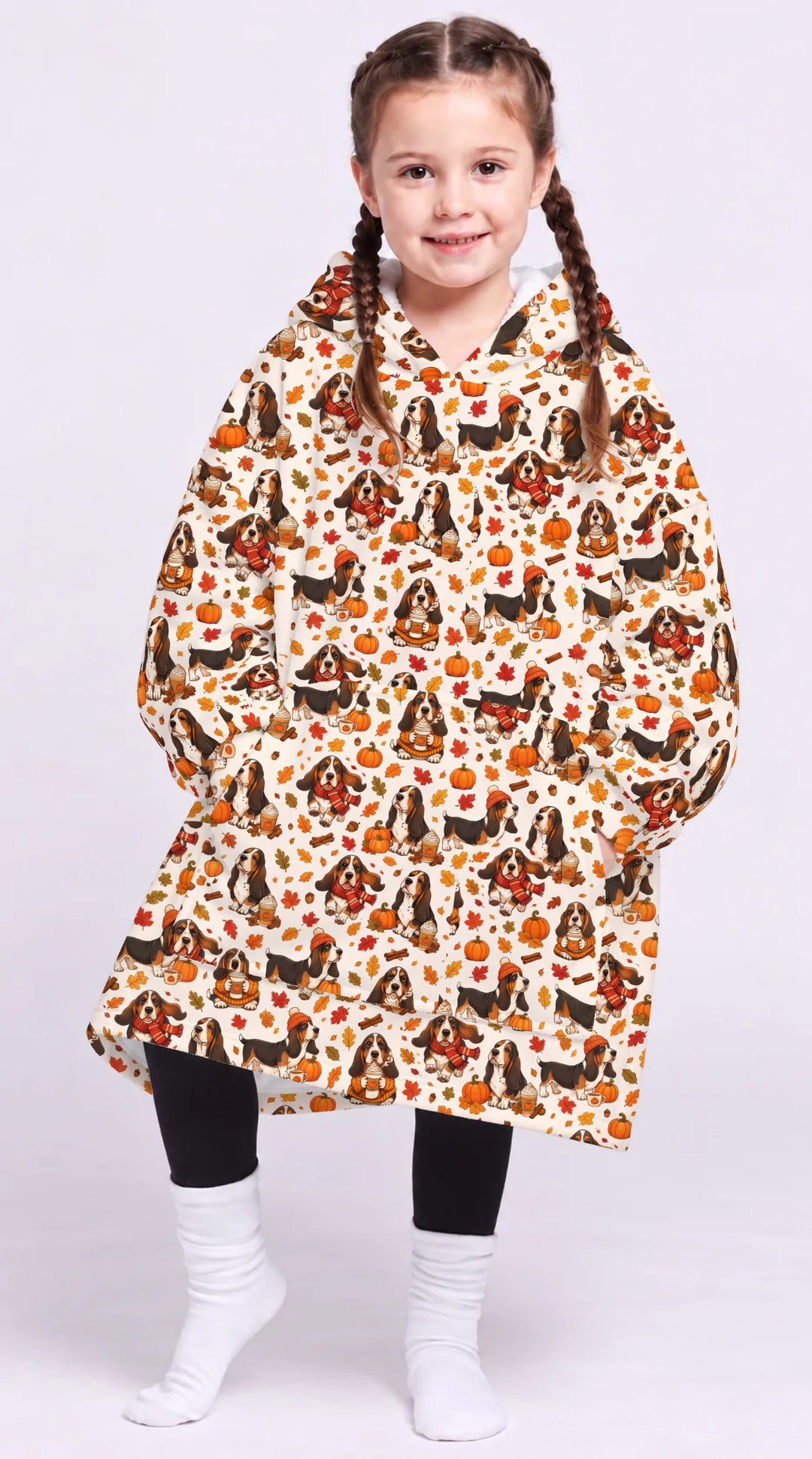 Cozy Autumn Basset Hounds Bamboo Blanket Hoodie