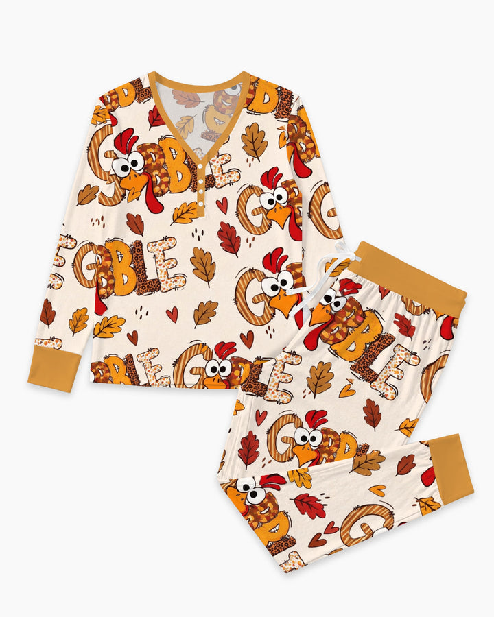 Gobble Turkey Fall Leaves Bamboo Women Pajama Set