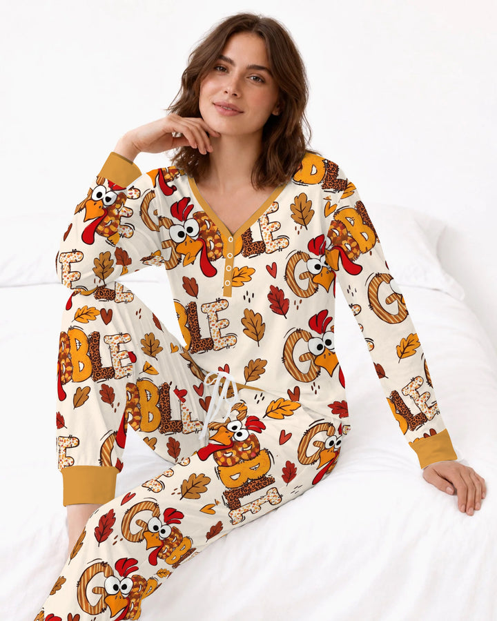 Gobble Turkey Fall Leaves Bamboo Women Pajama Set