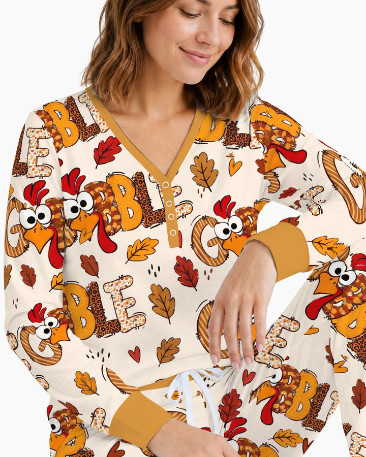 Gobble Turkey Fall Leaves Bamboo Women Pajama Set