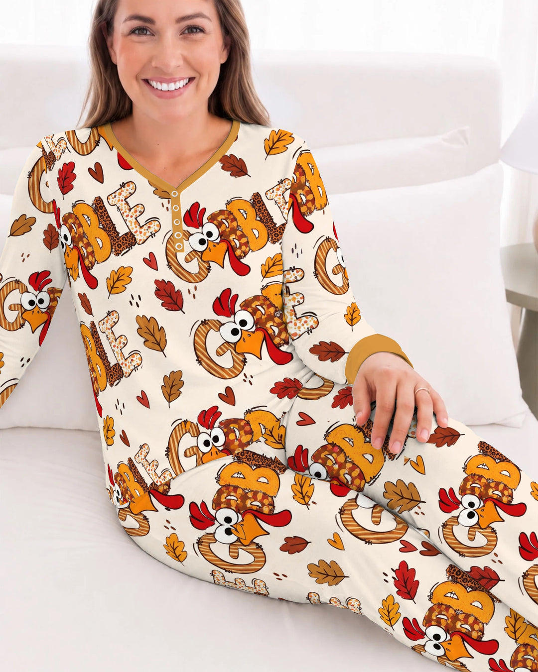 Gobble Turkey Fall Leaves Bamboo Women Pajama Set