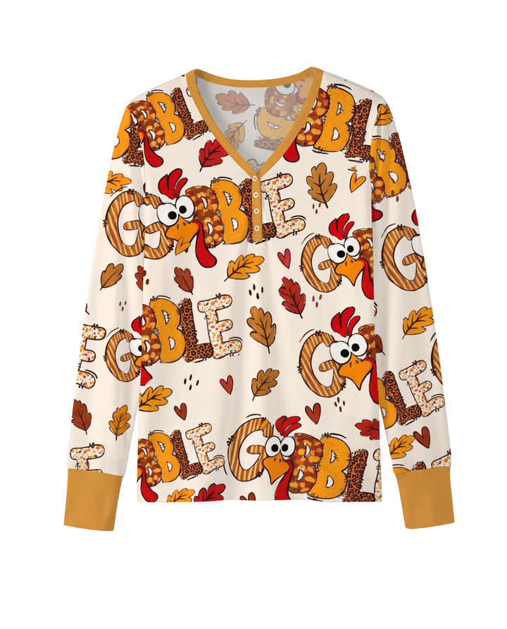 Gobble Turkey Fall Leaves Bamboo Women Pajama Set