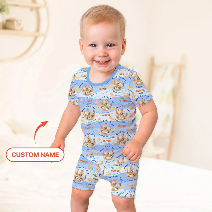 Noah’s Ark Custom Name Boy Two Piece Short Sleeve Shorts Pajama Set , Noah’s Ark Custom Name Boy Two Piece Short Sleeve Shorts Pajama Set - 12-18M