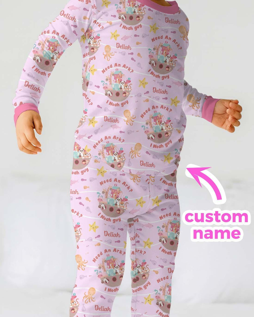 Noah’s Ark Custom Name Girl Two Piece Long Sleeve Pajama Set , Noah’s Ark Custom Name Girl Two Piece Long Sleeve Pajama Set - 12-18M