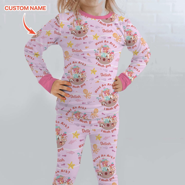 Noah’s Ark Custom Name Girl Two Piece Long Sleeve Pajama Set , Noah’s Ark Custom Name Girl Two Piece Long Sleeve Pajama Set - 12-18M