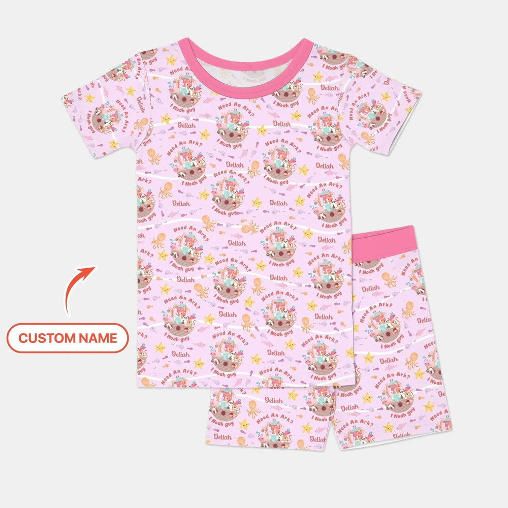 Noah’s Ark Custom Name Girl Two Piece Short Sleeve Shorts Pajama Set , Noah’s Ark Custom Name Girl Two Piece Short Sleeve Shorts Pajama Set - 12-18M