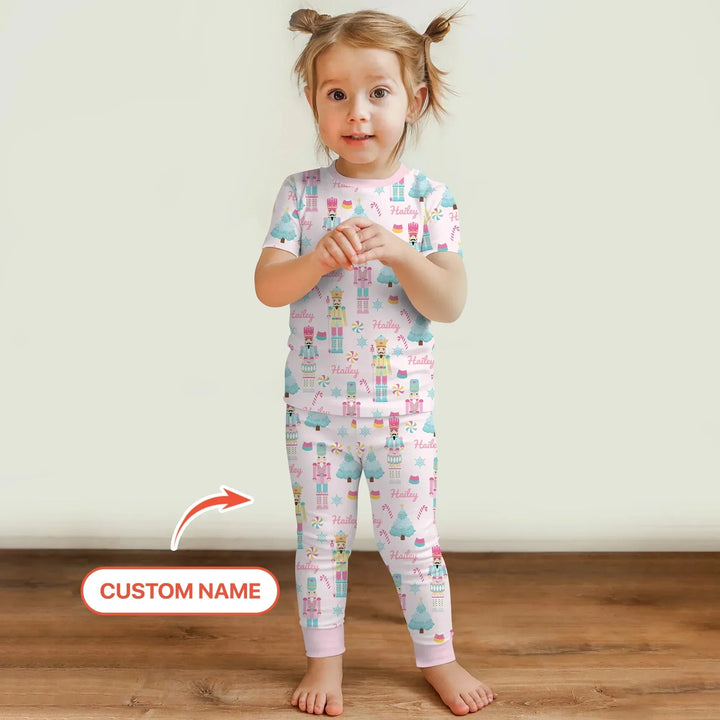 Nutcracker Parade Custom Name Girl Two Piece Short Sleeve Pajama Set , Nutcracker Parade Custom Name Girl Two Piece Short Sleeve Pajama Set - 12-18M