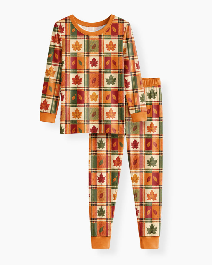 Maple Leaf Fall Vintage Plaid Bamboo Two Piece Long Sleeve Pajama Set
