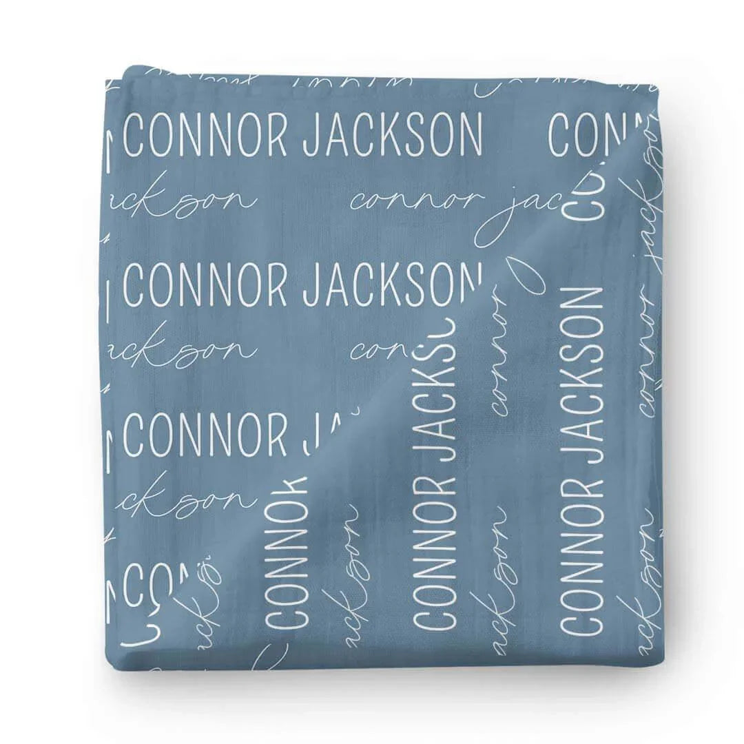 Personalized Baby Name Swaddle Blanket Block & Script , Personalized Baby Name Swaddle Blanket Block & Script - Script / Dusty Blue