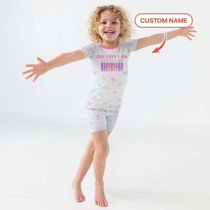 Personalized Butterfly Blessings God Says I Am Two Piece Short Sleeve Shorts Pajama Set , Personalized Butterfly Blessings God Says I Am Two Piece Short Sleeve Shorts Pajama Set - 12-18M