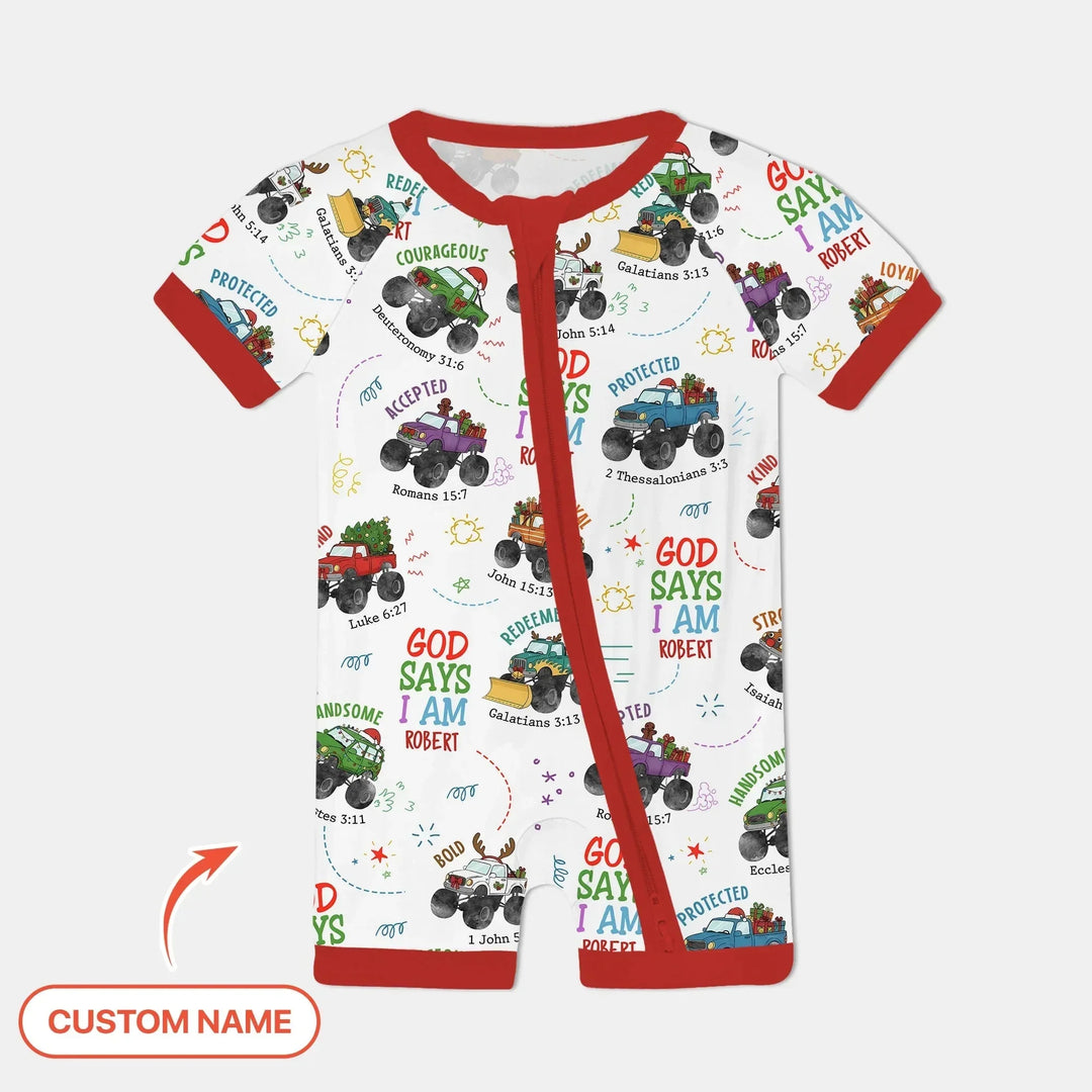 Personalized God Says I Am Christmas Monster Truck Shorty Zippy , Personalized God Says I Am Christmas Monster Truck Shorty Zippy - 0-3M