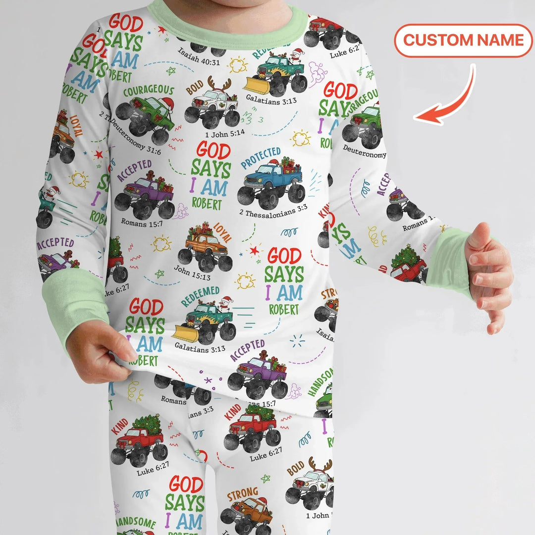 Personalized God Says I Am Christmas Monster Truck Two Piece Long Sleeve Pajama Set , Personalized God Says I Am Christmas Monster Truck Two Piece Long Sleeve Pajama Set - 12-18M