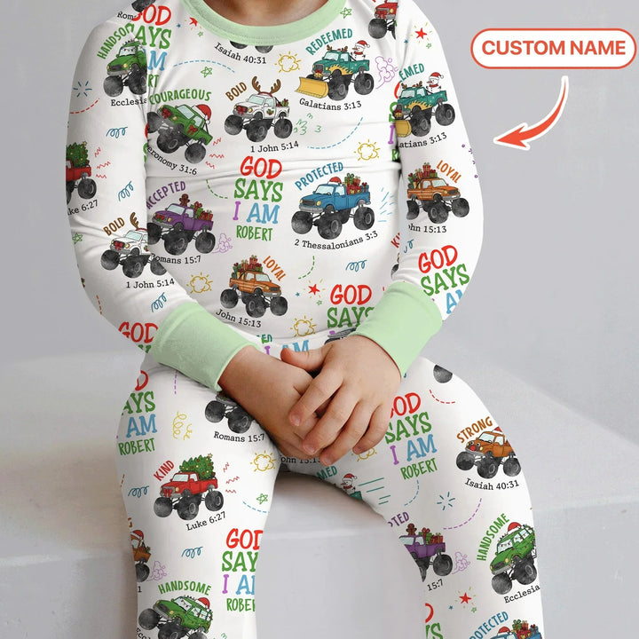 Personalized God Says I Am Christmas Monster Truck Two Piece Long Sleeve Pajama Set , Personalized God Says I Am Christmas Monster Truck Two Piece Long Sleeve Pajama Set - 12-18M