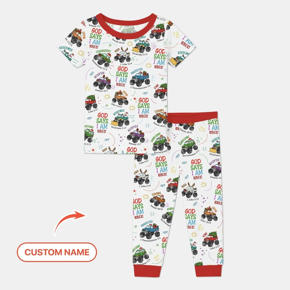 Personalized God Says I Am Christmas Monster Truck Two Piece Short Sleeve Pajama Set , Personalized God Says I Am Christmas Monster Truck Two Piece Short Sleeve Pajama Set - 12-18M