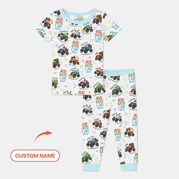 Personalized God Says I Am Christmas Monster Truck Two Piece Short Sleeve Pajama Set , Personalized God Says I Am Christmas Monster Truck Two Piece Short Sleeve Pajama Set - 12-18M