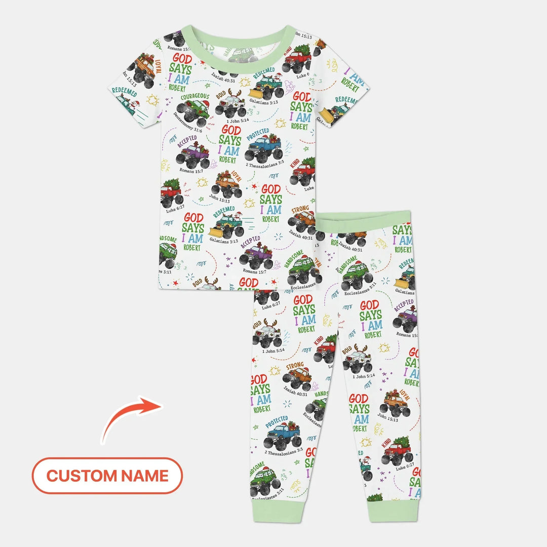 Personalized God Says I Am Christmas Monster Truck Two Piece Short Sleeve Pajama Set , Personalized God Says I Am Christmas Monster Truck Two Piece Short Sleeve Pajama Set - 12-18M