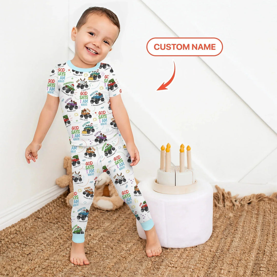 Personalized God Says I Am Christmas Monster Truck Two Piece Short Sleeve Pajama Set , Personalized God Says I Am Christmas Monster Truck Two Piece Short Sleeve Pajama Set - 12-18M