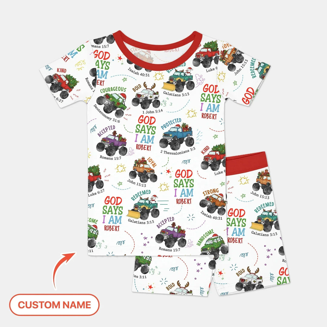 Personalized God Says I Am Christmas Monster Truck Two Piece Short Sleeve Shorts Pajama Set , Personalized God Says I Am Christmas Monster Truck Two Piece Short Sleeve Shorts Pajama Set - 12-18M