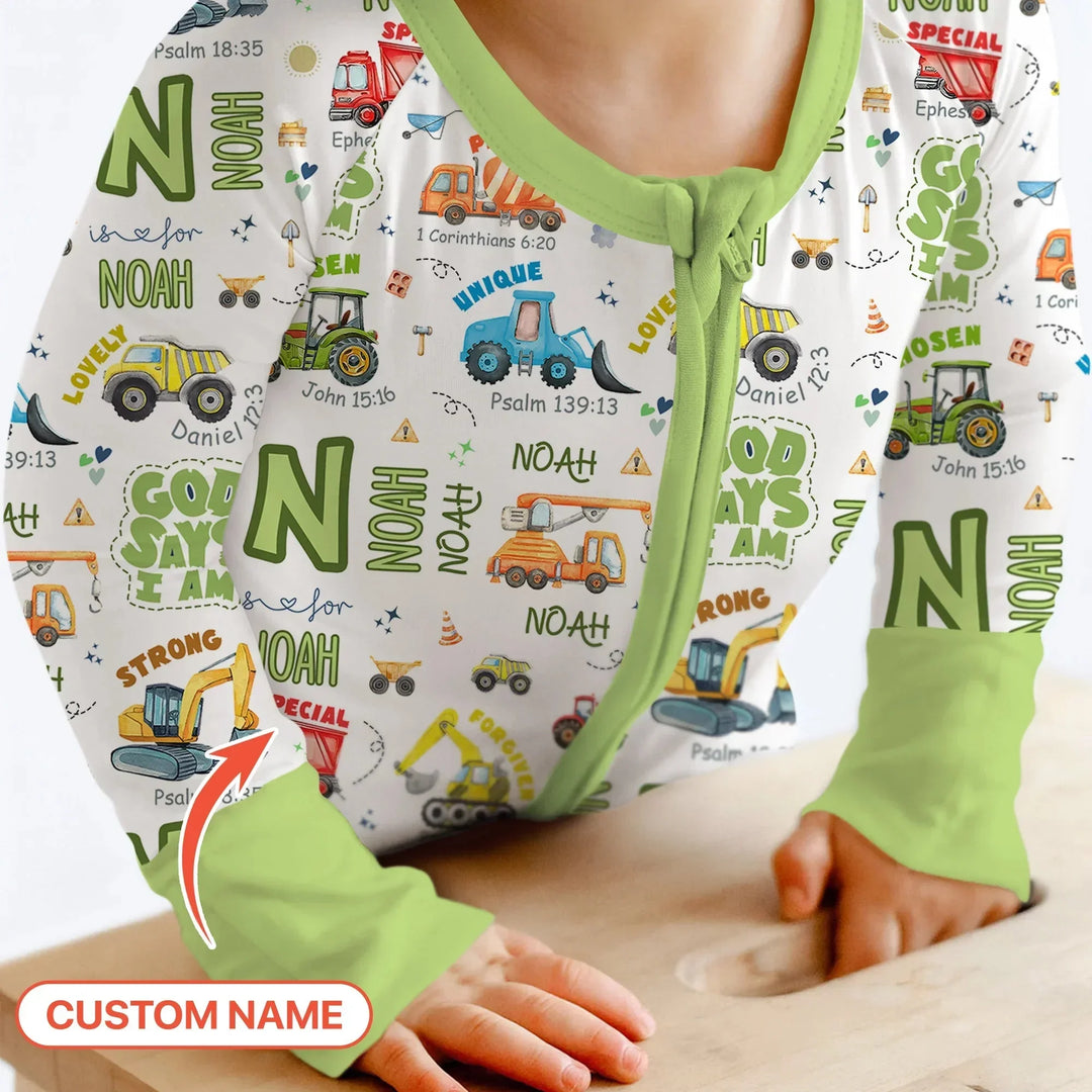 Personalized God Says I Am Construction Vehicules Convertible Zippy , Personalized God Says I Am Construction Vehicules Convertible Zippy - 0-3M
