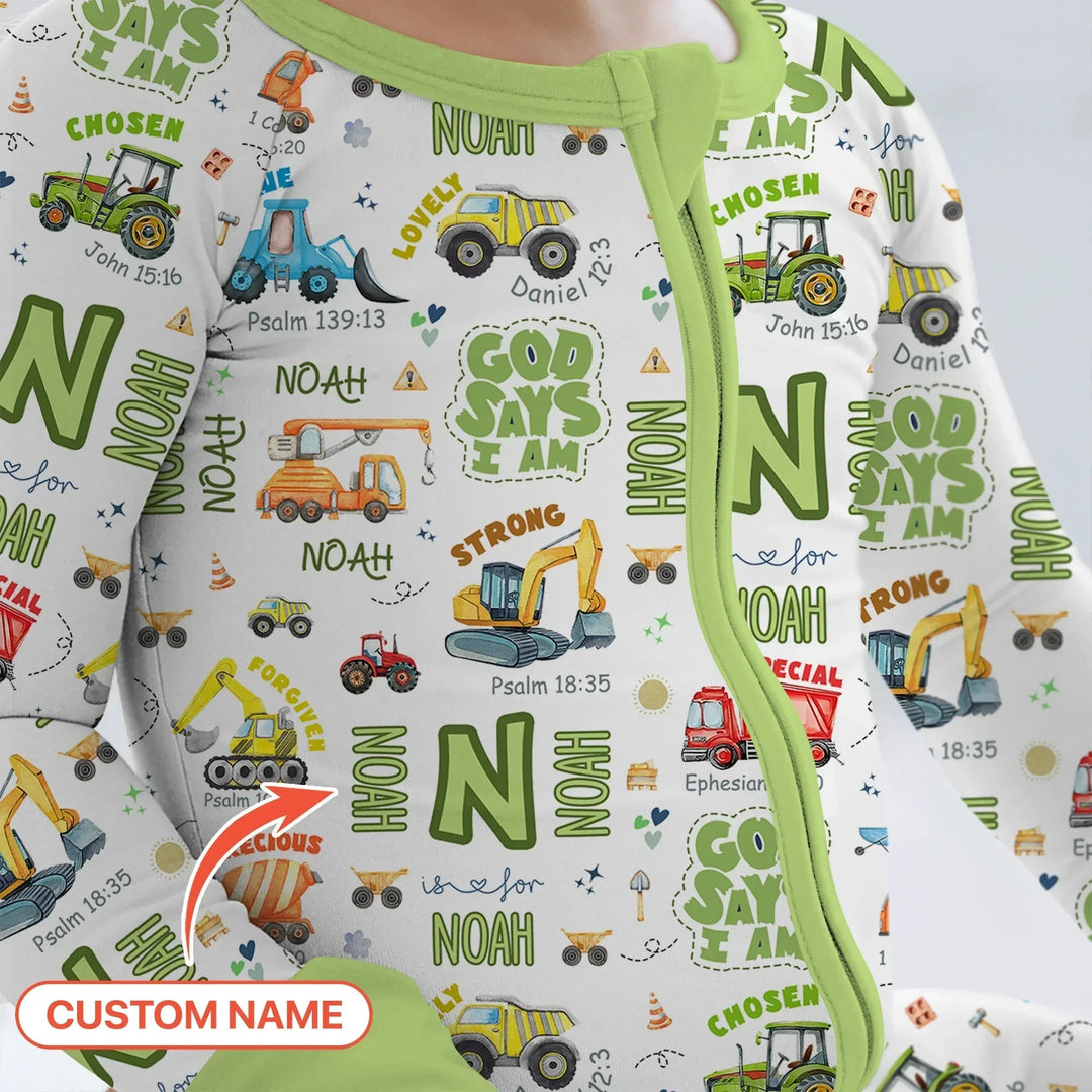 Personalized God Says I Am Construction Vehicules Convertible Zippy , Personalized God Says I Am Construction Vehicules Convertible Zippy - 0-3M