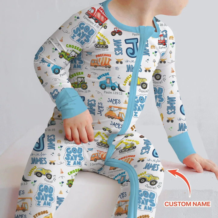 Personalized God Says I Am Construction Vehicules Convertible Zippy , Personalized God Says I Am Construction Vehicules Convertible Zippy - 0-3M
