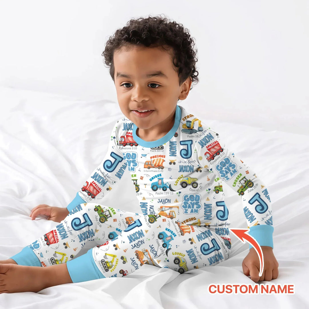 Personalized God Says I Am Construction Vehicules Two Piece Long Sleeve Pajama Set , Personalized God Says I Am Construction Vehicules Two Piece Long Sleeve Pajama Set - 12-18M