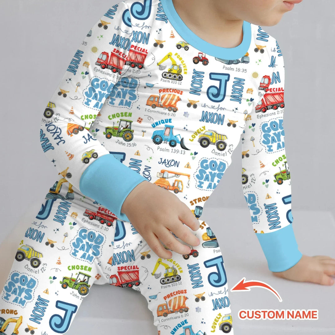 Personalized God Says I Am Construction Vehicules Two Piece Long Sleeve Pajama Set , Personalized God Says I Am Construction Vehicules Two Piece Long Sleeve Pajama Set - 12-18M