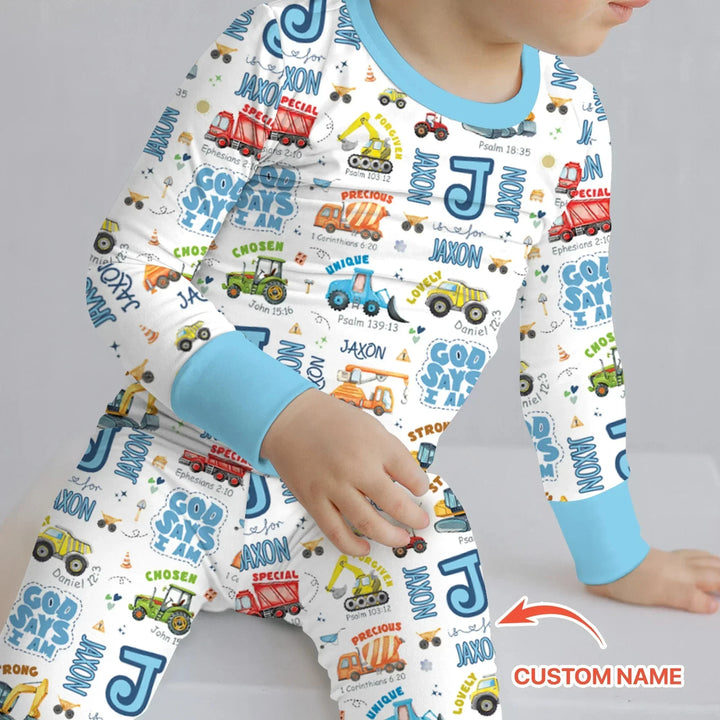 Personalized God Says I Am Construction Vehicules Two Piece Long Sleeve Pajama Set , Personalized God Says I Am Construction Vehicules Two Piece Long Sleeve Pajama Set - 12-18M