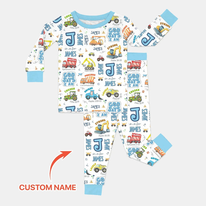 Personalized God Says I Am Construction Vehicules Two Piece Long Sleeve Pajama Set , Personalized God Says I Am Construction Vehicules Two Piece Long Sleeve Pajama Set - 12-18M