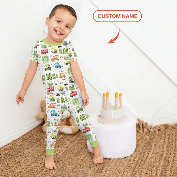 Personalized God Says I Am Construction Vehicules Two Piece Short Sleeve Pajama Set , Personalized God Says I Am Construction Vehicules Two Piece Short Sleeve Pajama Set - 12-18M
